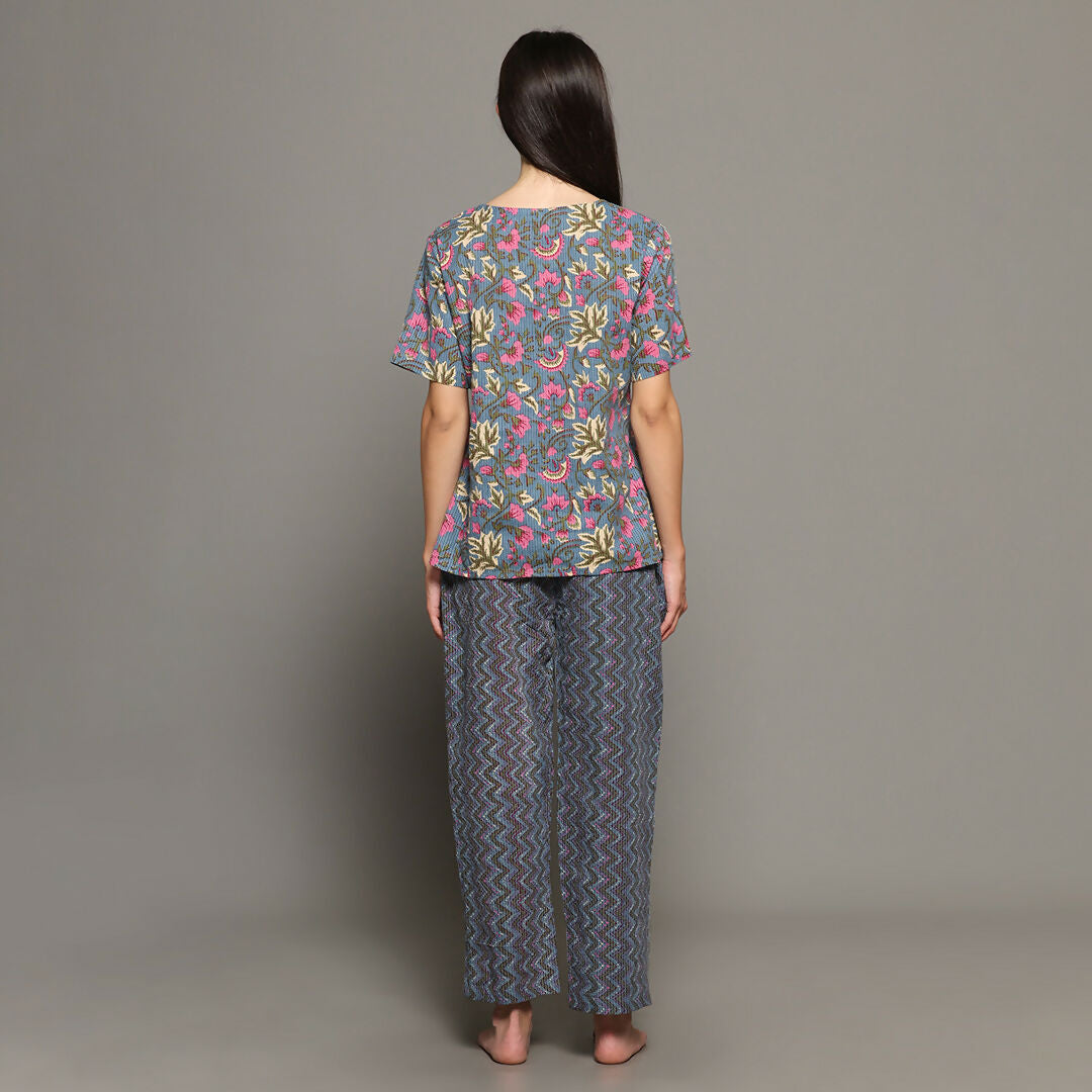 Breathables Women Cotton Printed Loungewear Kurta And Pants Co-Ord Set With Crop Top Grey I Nightwear | Grocsy