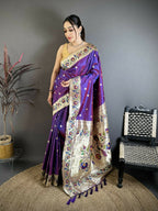 Prime Volt Premium Soft Silk Mayur Paithani Saree with Peacock Meena Weaving & Rich Pallu-Purple | Grocsy