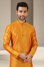 Raivat Ethnic Banarasi Art Silk Mirror Work Kurta Pajama In Mustard Colour | Grocsy