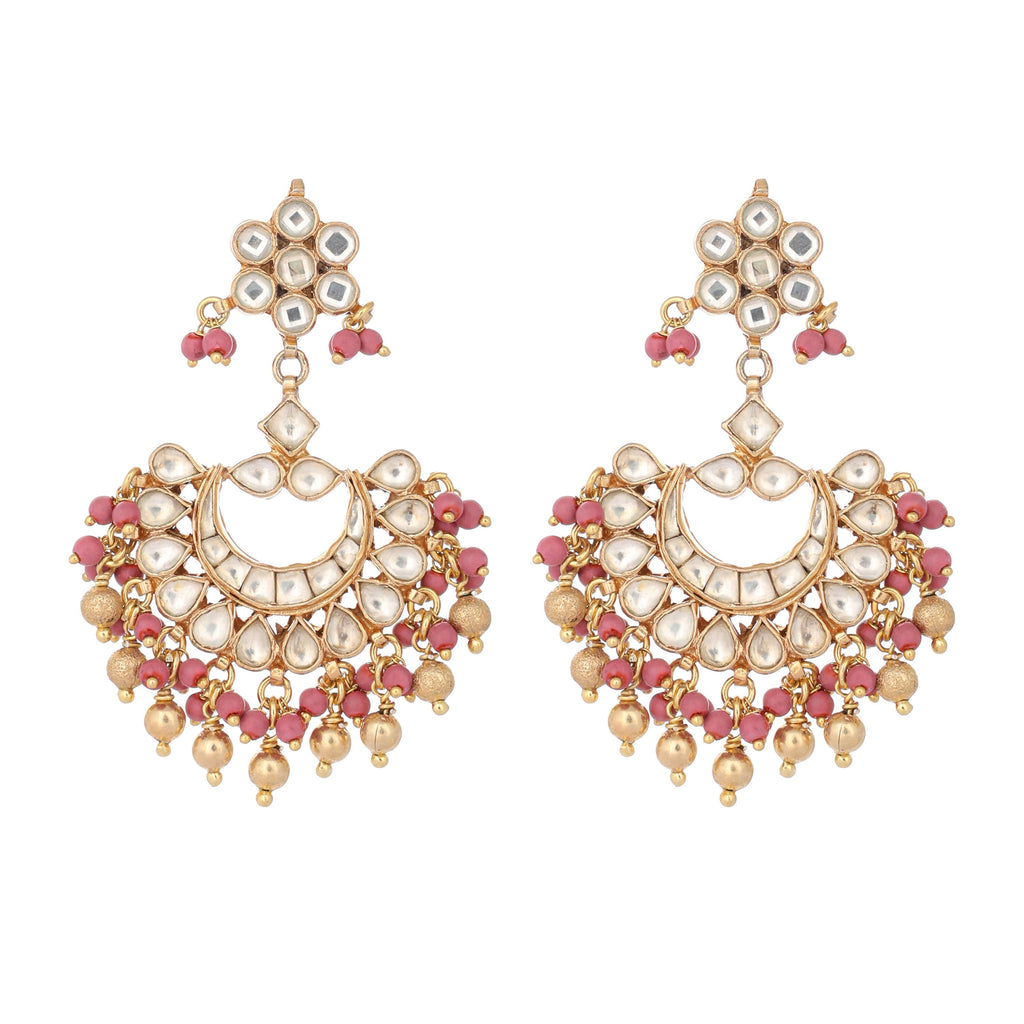 Nuyug 22k Gold-Plated Kundan Chandbali Earrings with Pink Stones | Grocsy