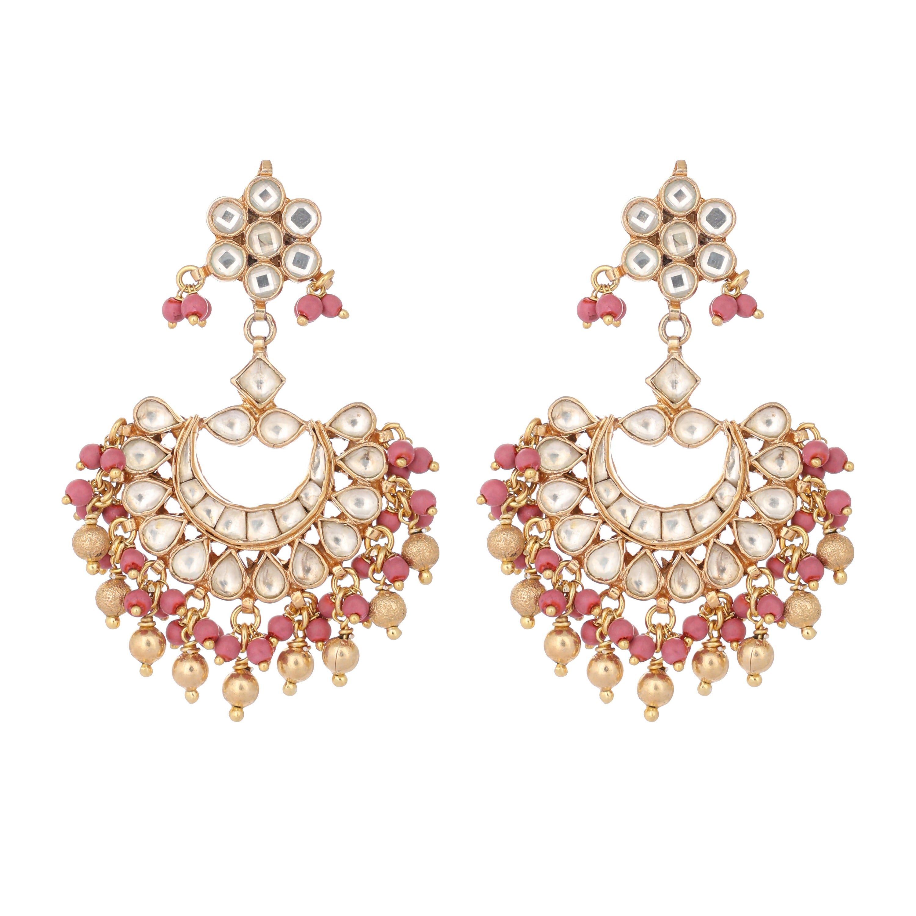 Nuyug 22k Gold-Plated Kundan Chandbali Earrings with Pink Stones | Grocsy