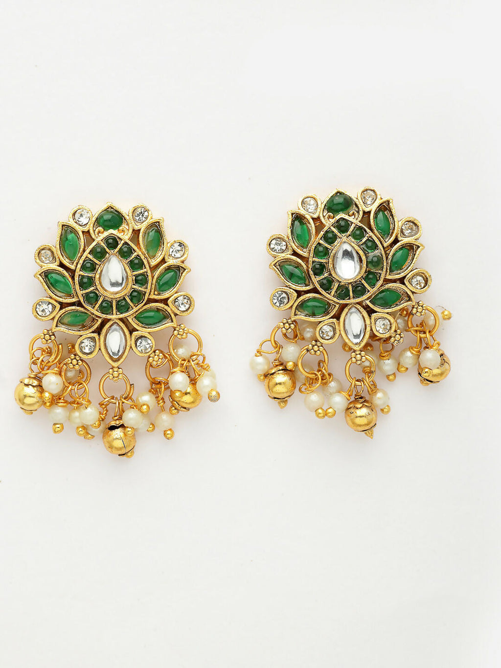 NVR Women's Gold-Polished Green Kundan- Studded & Beaded Handcrafted Temple Jewellery Set | Grocsy