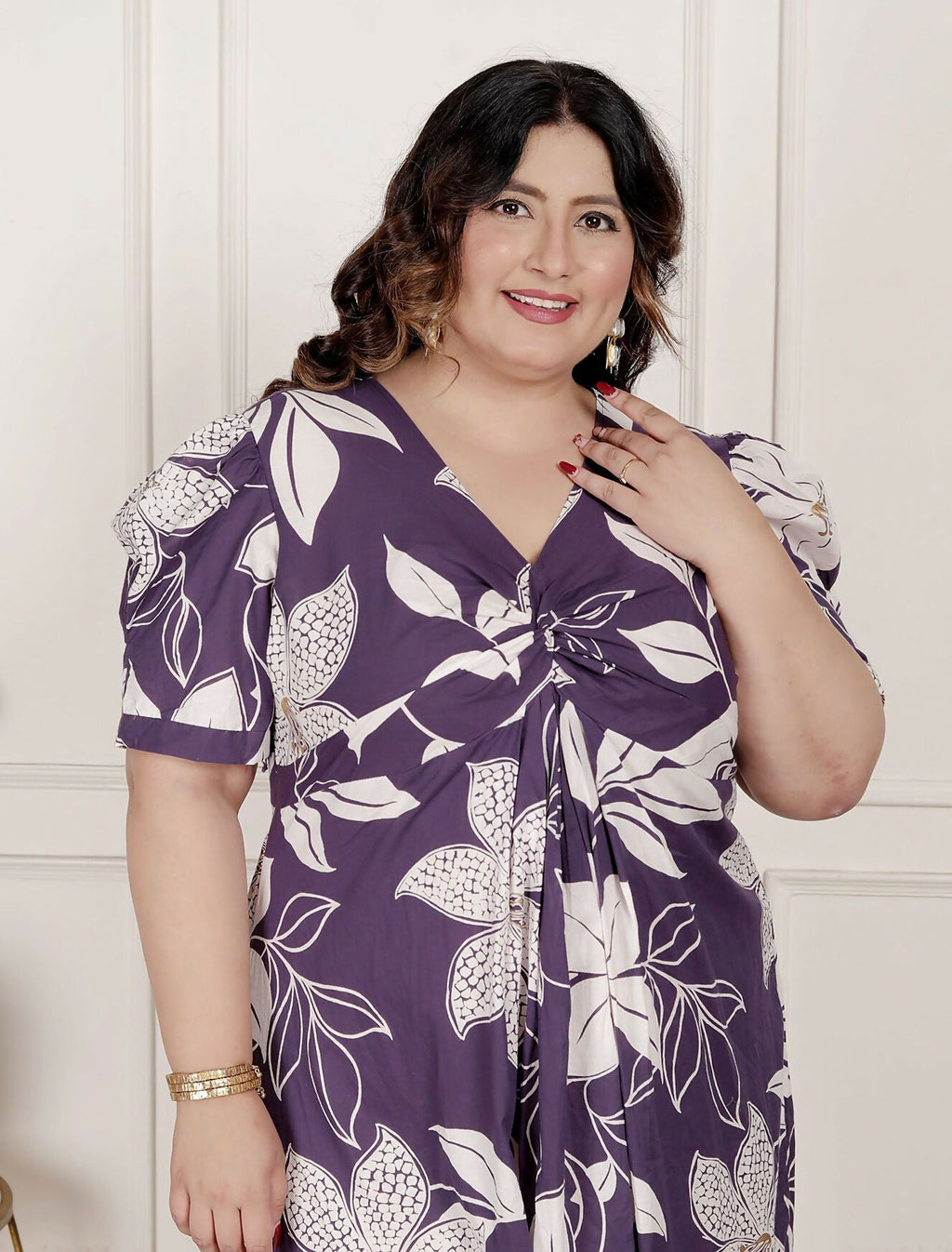 Miravan Womens Plus Size Purple Pleated Puff Sleeve Floral Pure Cotton Butterfly Middi Dress | Grocsy