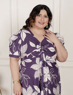 Miravan Womens Plus Size Purple Pleated Puff Sleeve Floral Pure Cotton Butterfly Middi Dress | Grocsy
