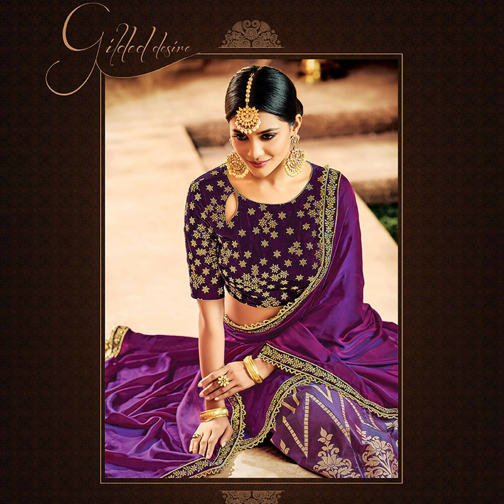 Purple Jacquard Silk, Velvet Zari Embroidery Semi-Stitched Lehenga Saree - Mohmanthan Dezzy | Grocsy