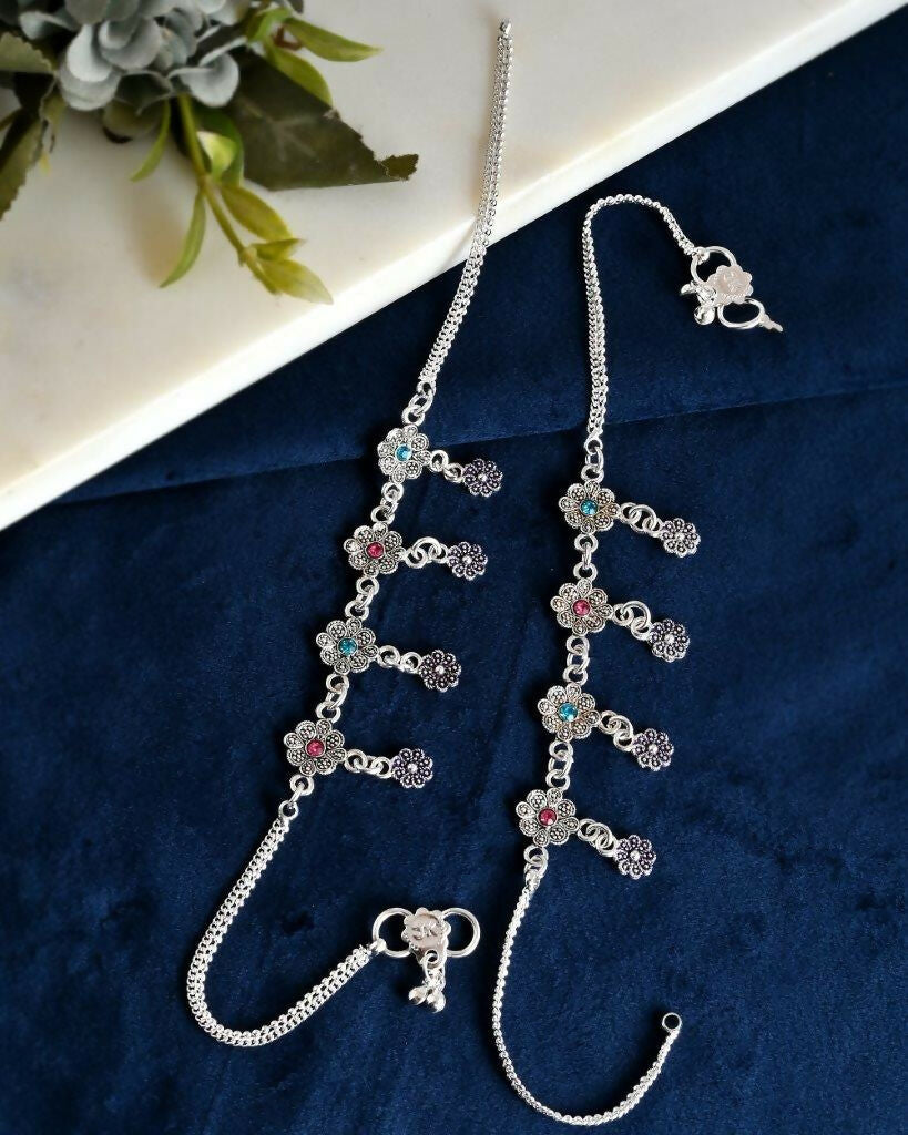 VOJ Set of 2 Silver Plated Flower Shaped Meenakari Anklet | Grocsy