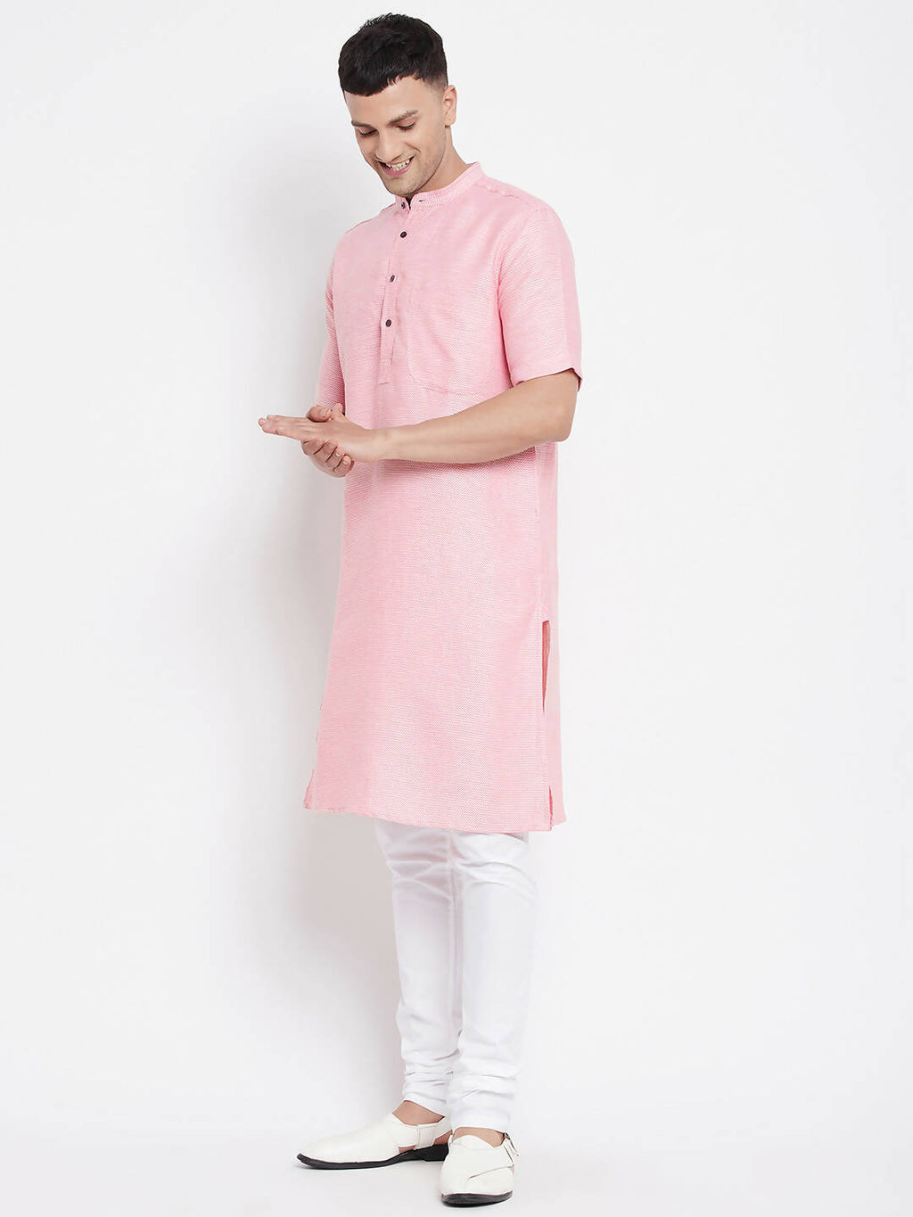 Even Apparels Pink Pure Cotton Men's H/S Kurta With Band Collar | Grocsy