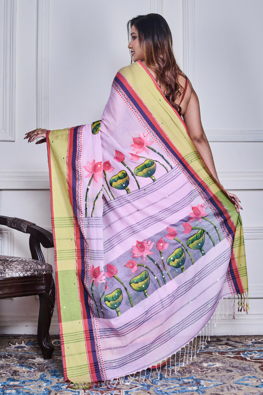 Morchari Multicolour Cotton Handloom Mirror Work Saree Unstitched Blouse | Grocsy