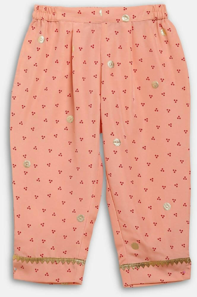 Ahalyaa Peach Crepe Gold Printed Kids Kurta Sets With Dupatta For Girls | Grocsy