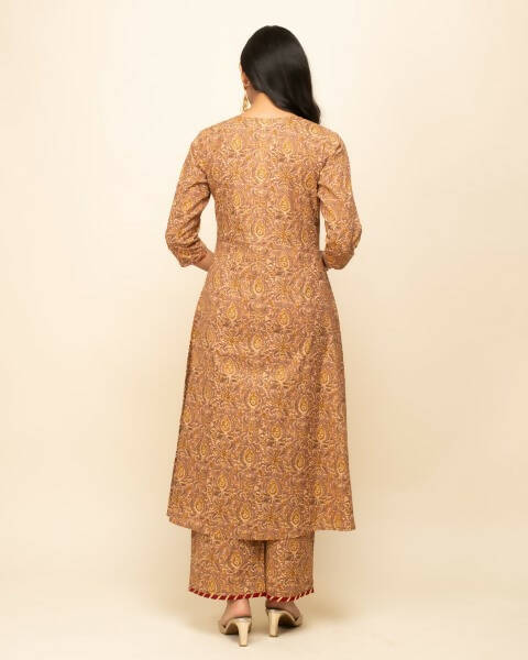FIORRA Women's Brown Cotton A-Line Kurta Pant With Dupatta | Grocsy