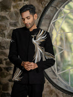 Black Bandhgala Elegance – Peacock Embroidery by Hilo Design | Grocsy