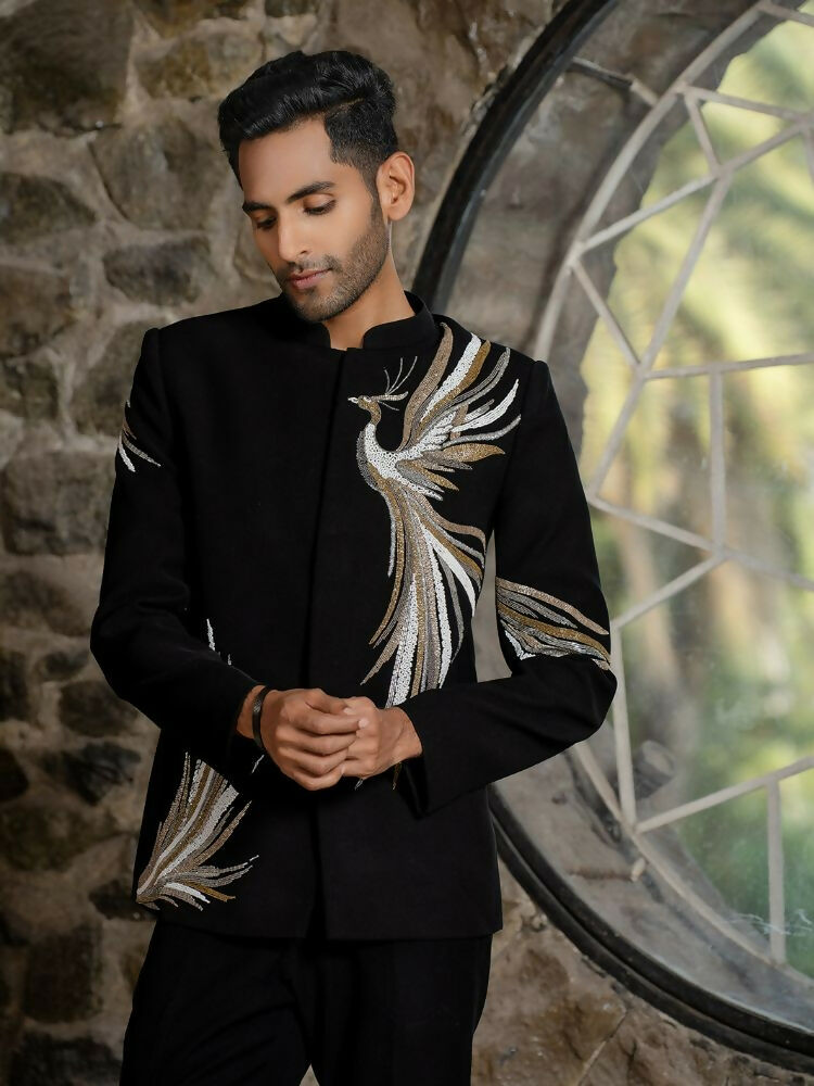 Black Bandhgala Elegance – Peacock Embroidery by Hilo Design | Grocsy
