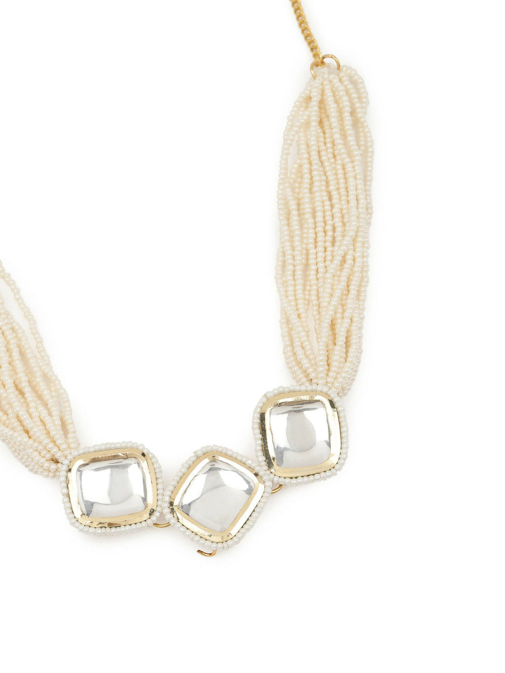 Gold-Polished White Kundan-Studded Pearl Beaded Hair Band - Ruby Raang | Grocsy