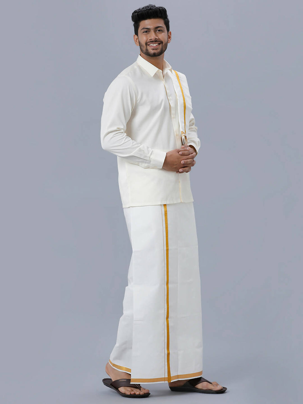 Ramraj Cotton Premium Wedding Cream Readymade Dhoti, Shirt & Towel Set Dhanvanthri | Grocsy