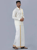 Ramraj Cotton Premium Wedding Cream Readymade Dhoti, Shirt & Towel Set Dhanvanthri | Grocsy