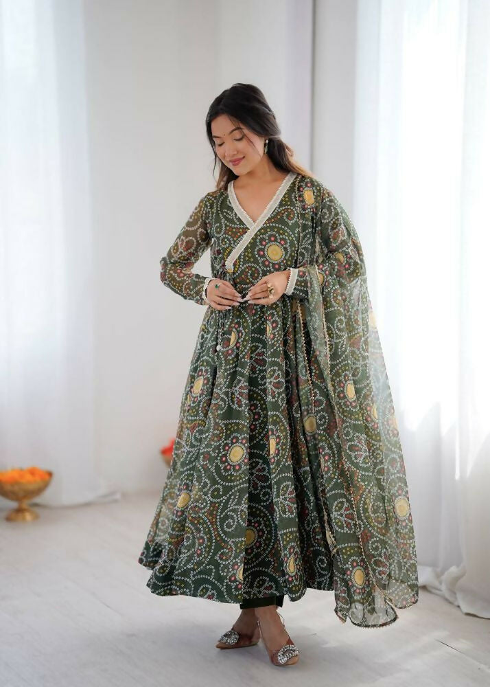 Teeya Creation Green Soft Organza Digital Printed Functional Wear Trending Long Gown | Grocsy