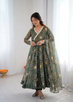 Teeya Creation Green Soft Organza Digital Printed Functional Wear Trending Long Gown | Grocsy