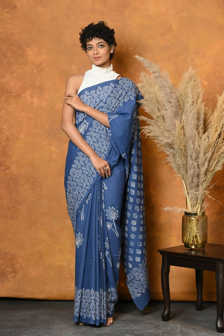 Very Much Indian Handblock Printed Cotton Saree With Natural Dyes - Cyan Blue | Grocsy