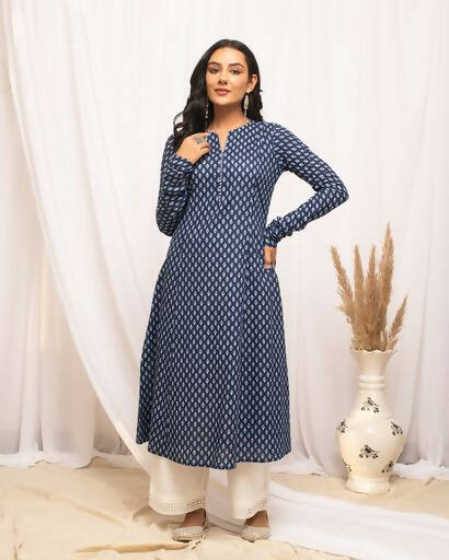 FIORRA Women's Floral Printed Navy Blue Cotton A-Line Kurta | Grocsy