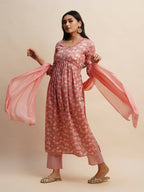 Pink Pure Cotton Floral Printed Naira Cut Kurta And Bottom With Dupatta - Akashara | Grocsy