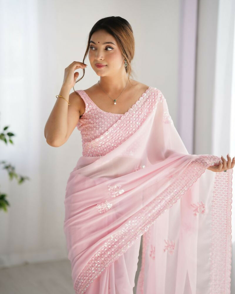 Attractive Looking Georgette Thread, Sequance Embroidery Work Party Wear Saree - Pink | Grocsy