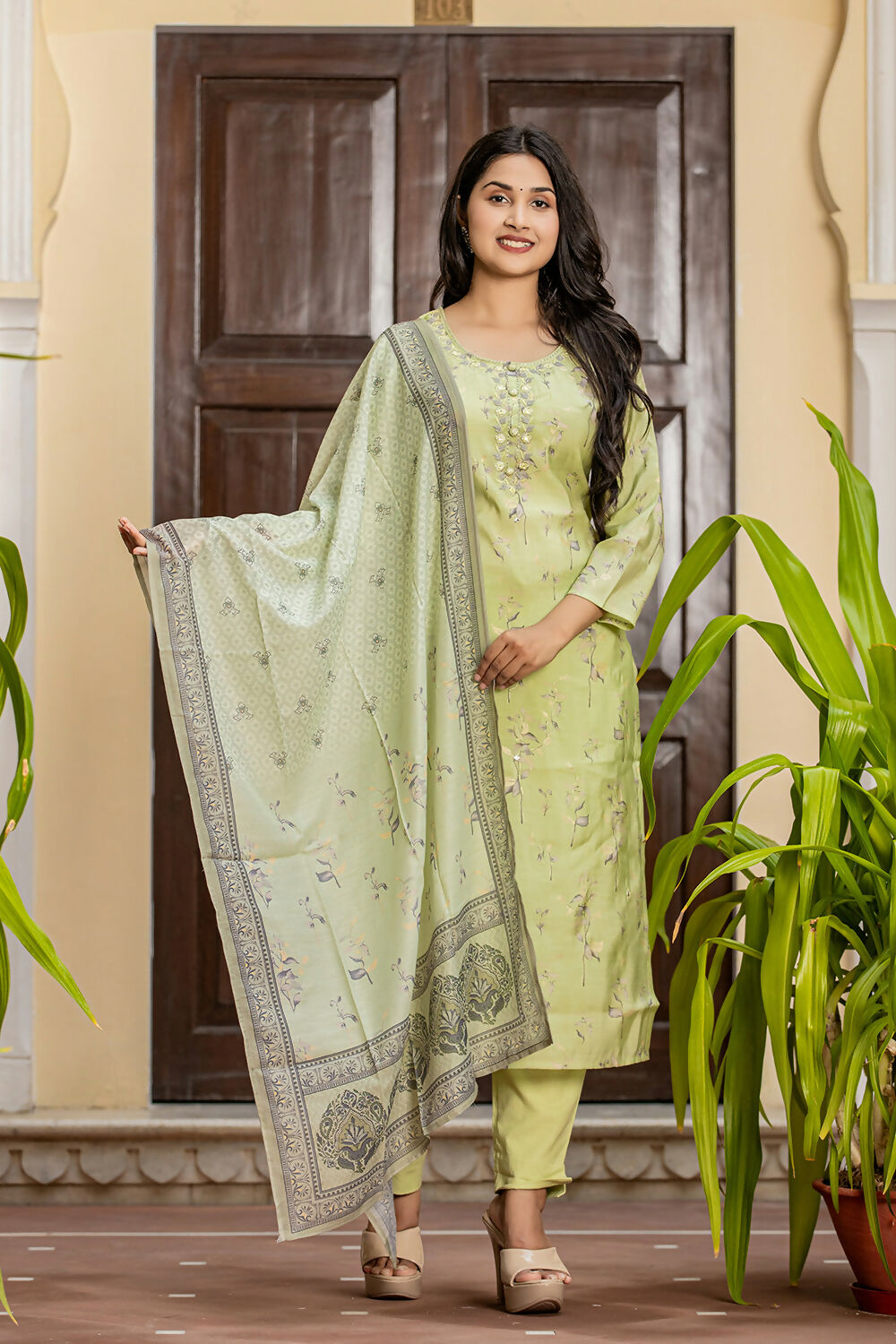 Kaajh Women's Green Printed Modal Silk Suit Set | Grocsy