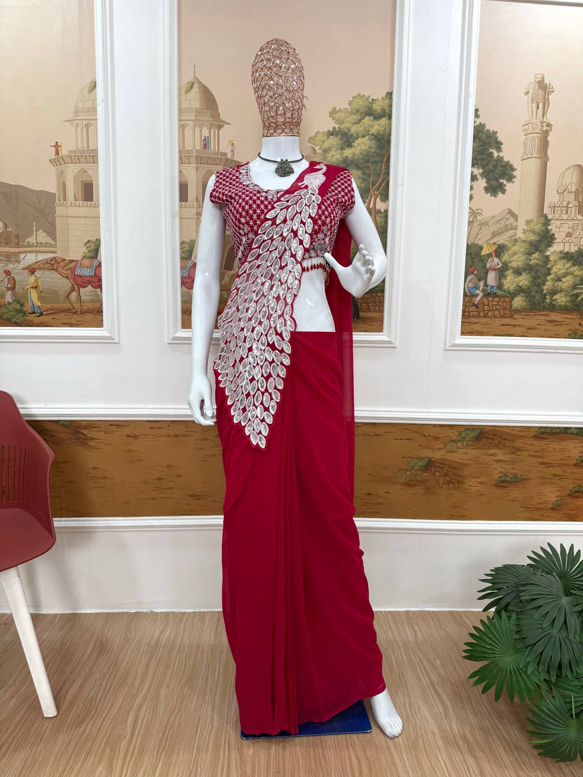 Teeya Creation Rani Color Faux Georgette Embroidery Work Party Wear Ready To Wear Saree | Grocsy