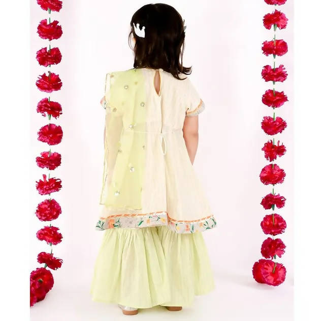 Little Bansi Girls Green Sikka work Gold strip Kurta Frock with sharara and Dupatta | Grocsy