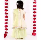 Little Bansi Girls Green Sikka work Gold strip Kurta Frock with sharara and Dupatta | Grocsy