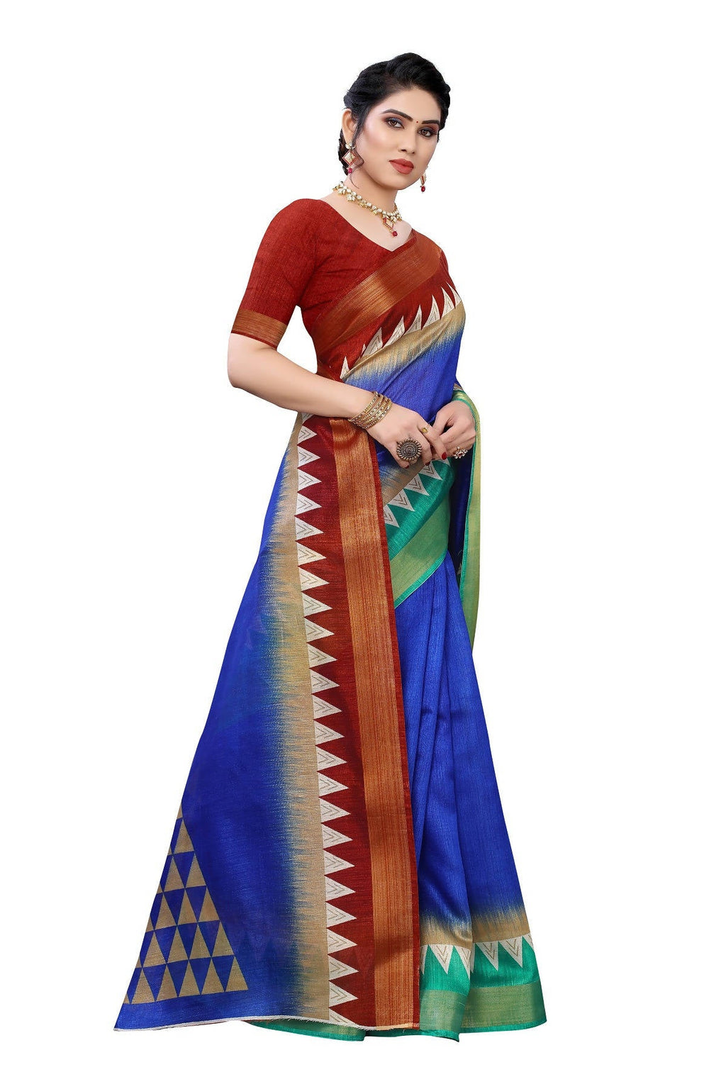 Vamika Blue & Brown Linen Jari Border Saree (GUNJAN BLUE) | Grocsy