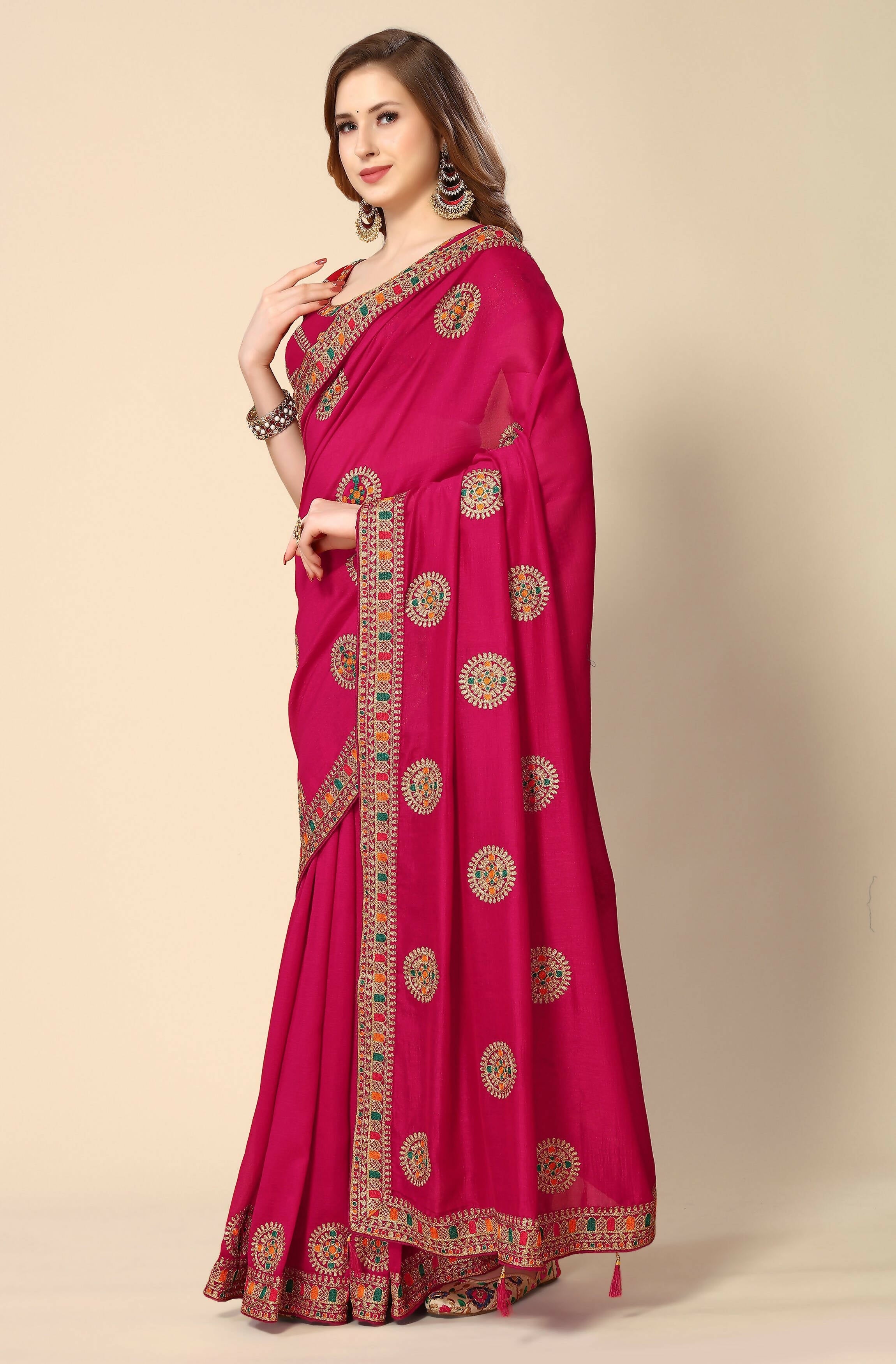 Pink Chinon Embroidered Saree with Unstitched Blouse Piece - Roozal | Grocsy