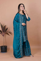 Teeya Creation Teal Color Chinon Silk Embroidery Work Sharara Set | Grocsy
