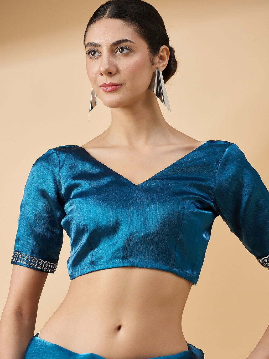 Teal Organza Swaroski Diamond Work Saree with Unstitched Blouse - Radha | Grocsy