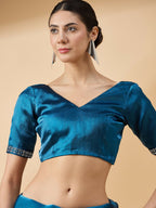 Teal Organza Swaroski Diamond Work Saree with Unstitched Blouse - Radha | Grocsy