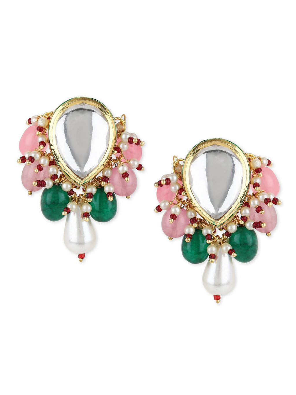 Gold-Toned White Kundan Contemporary Gold-Polished Drop Earrings - Ruby Raang | Grocsy