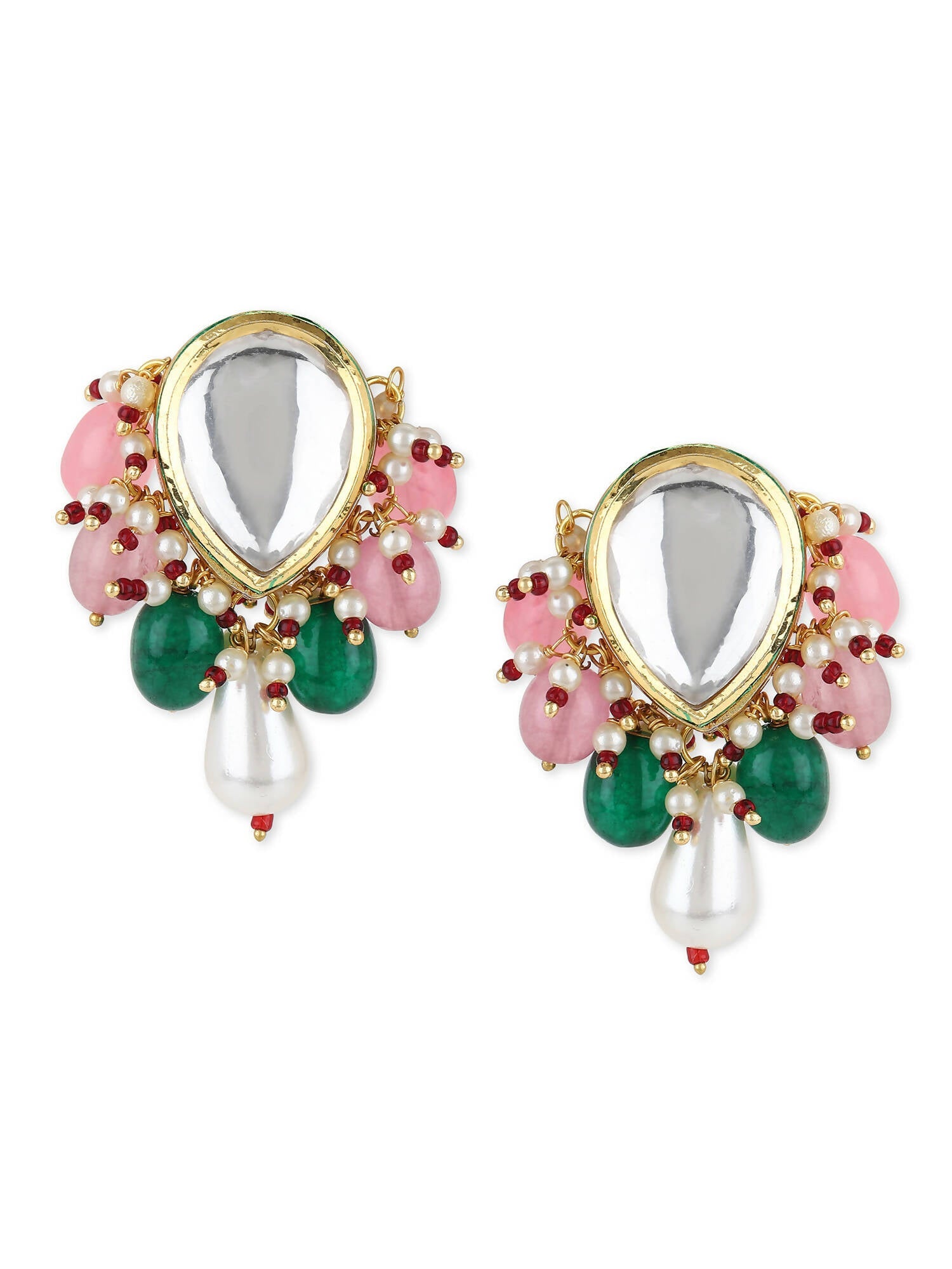 Gold-Toned White Kundan Contemporary Gold-Polished Drop Earrings - Ruby Raang | Grocsy