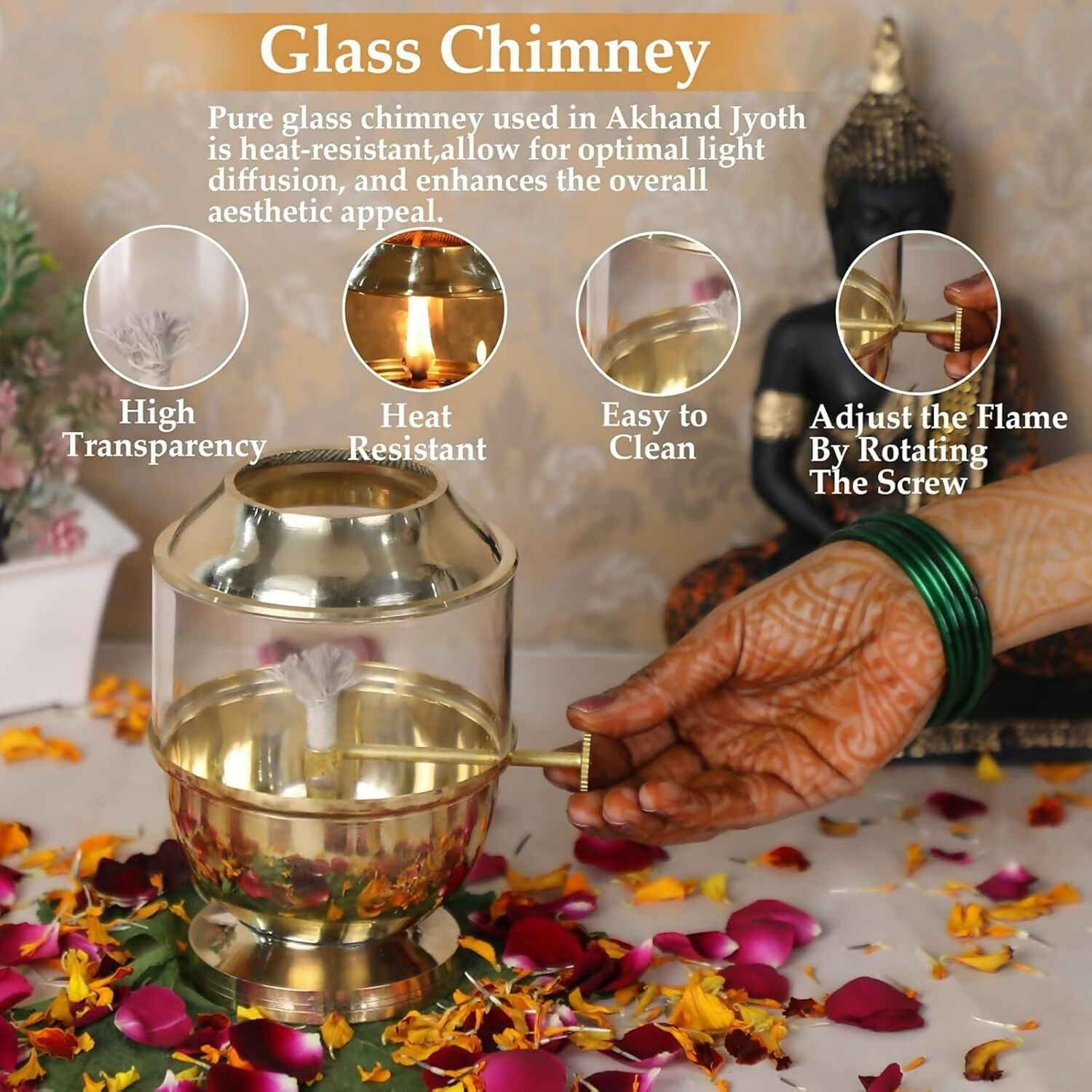 Not Available Pure Brass Akhand Jyot Diya with Borosilicate Glass Cover | Grocsy