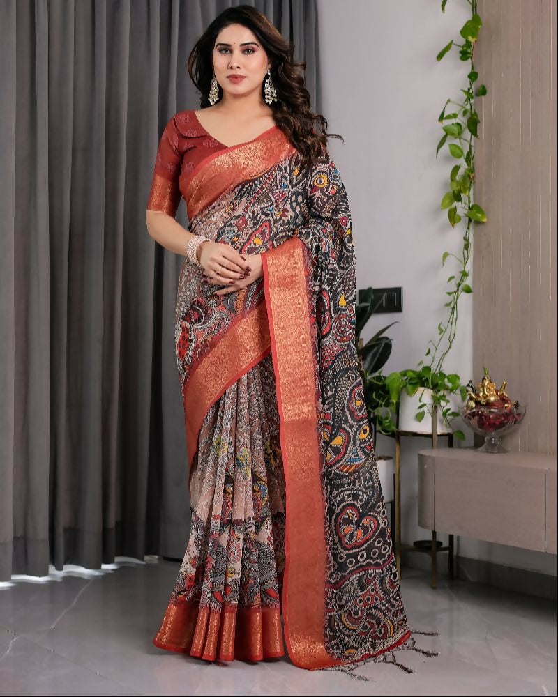 PR Fashion Black Pure Handloom Linen Saree | Grocsy