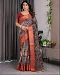 PR Fashion Black Pure Handloom Linen Saree | Grocsy