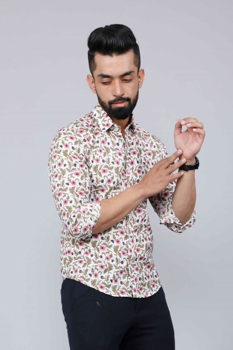 Miravan Men's Cotton Printed Full Sleeve Slim Fit Spread Neck White & Pink Colour Shirt | Grocsy