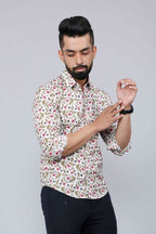 Miravan Men's Cotton Printed Full Sleeve Slim Fit Spread Neck White & Pink Colour Shirt | Grocsy