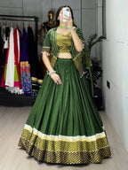 Yash Enterprise Mehndi Rayon Cotton Embroidery Semi Stitched Navratri Top Chaniya Choli | Grocsy