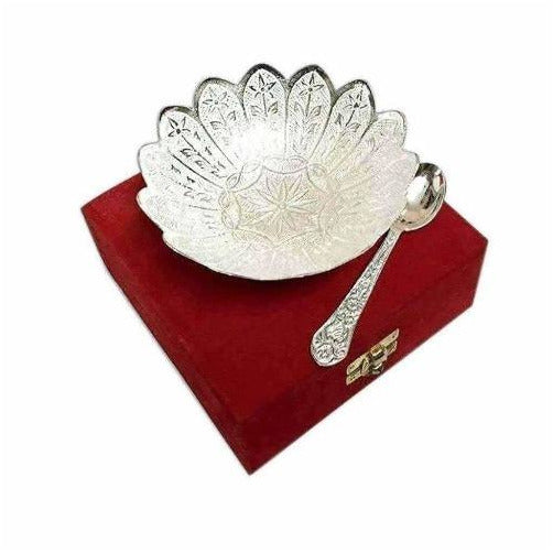 German Silver Flower Shaped Bowl With Spoon - Limited Time Offer