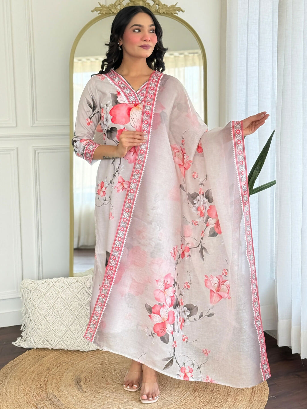 The52 Women's Beautiful Rayon Fabric Printed Work Straight Kurta Pant and Dupatta Set | Grocsy
