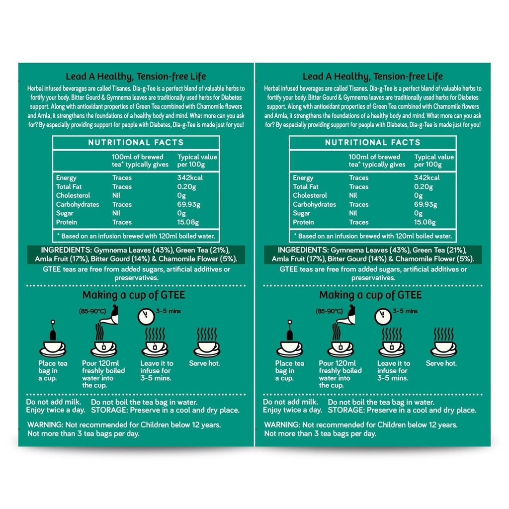 Gtee DIA-g-TEE Diabetic Friendly Tea with Gymnema, Bitter Gourd, Green Tea | Grocsy