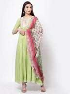 Myshka Women's Green Rayon Printed 3/4 Sleeve Round Neck Casual Anarkali Dupatta Set | Grocsy