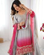 The52 Women's Beautiful Chinon silk Fabric Embroidery Work Straight Kurta Palazzo and Dupatta Set | Grocsy