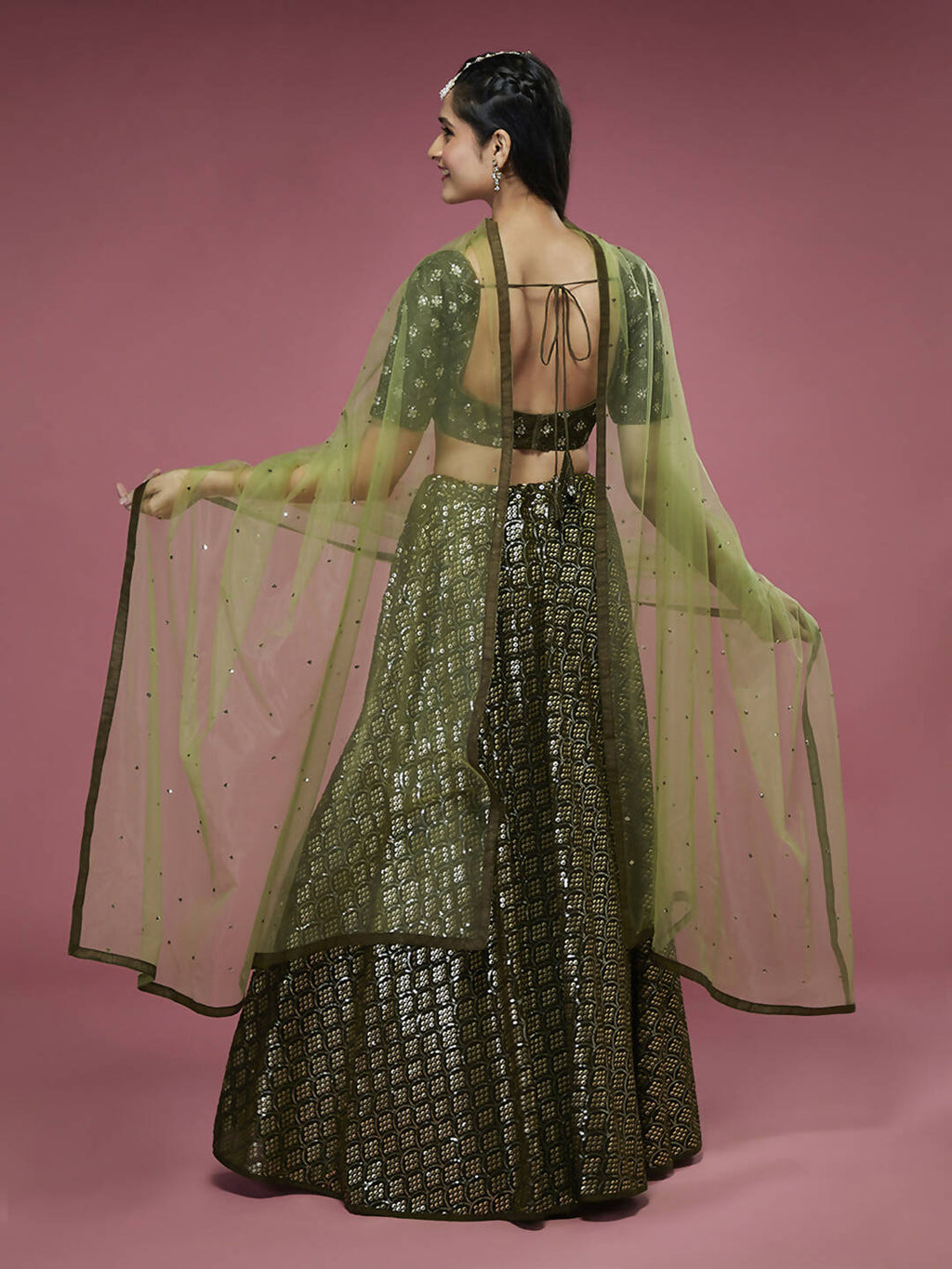 House of Panchhi Olive Georgette Sequinse Embroidered Lehenga & Blouse with Dupatta | Grocsy