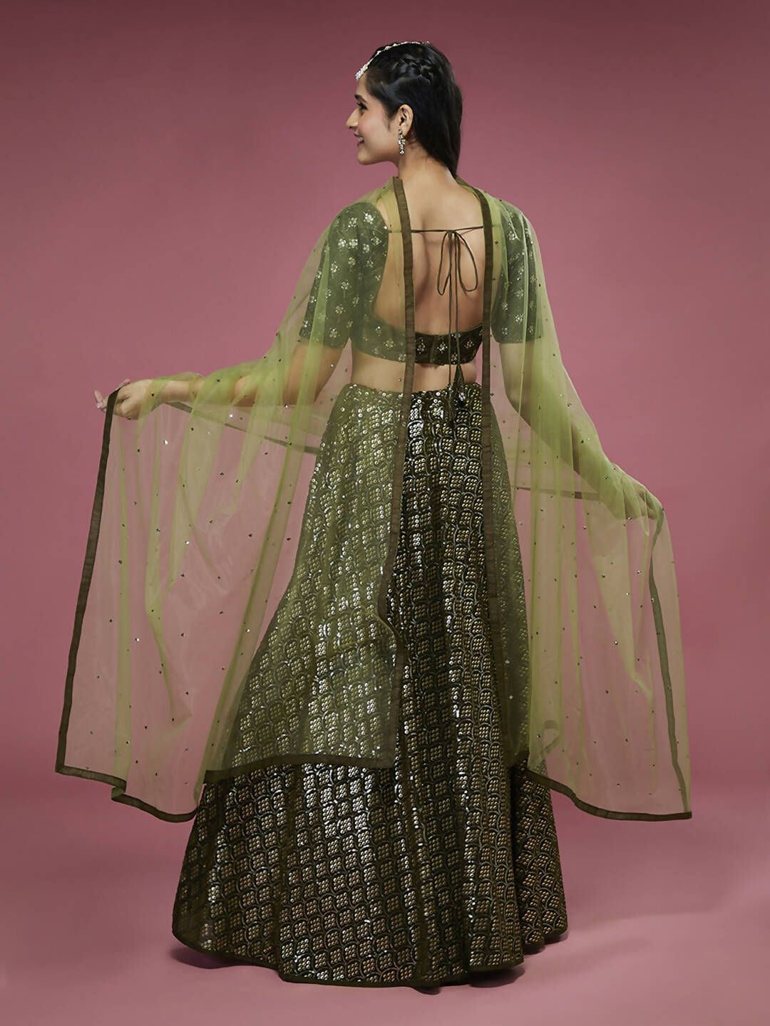 House of Panchhi Olive Georgette Sequinse Embroidered Lehenga & Blouse with Dupatta | Grocsy