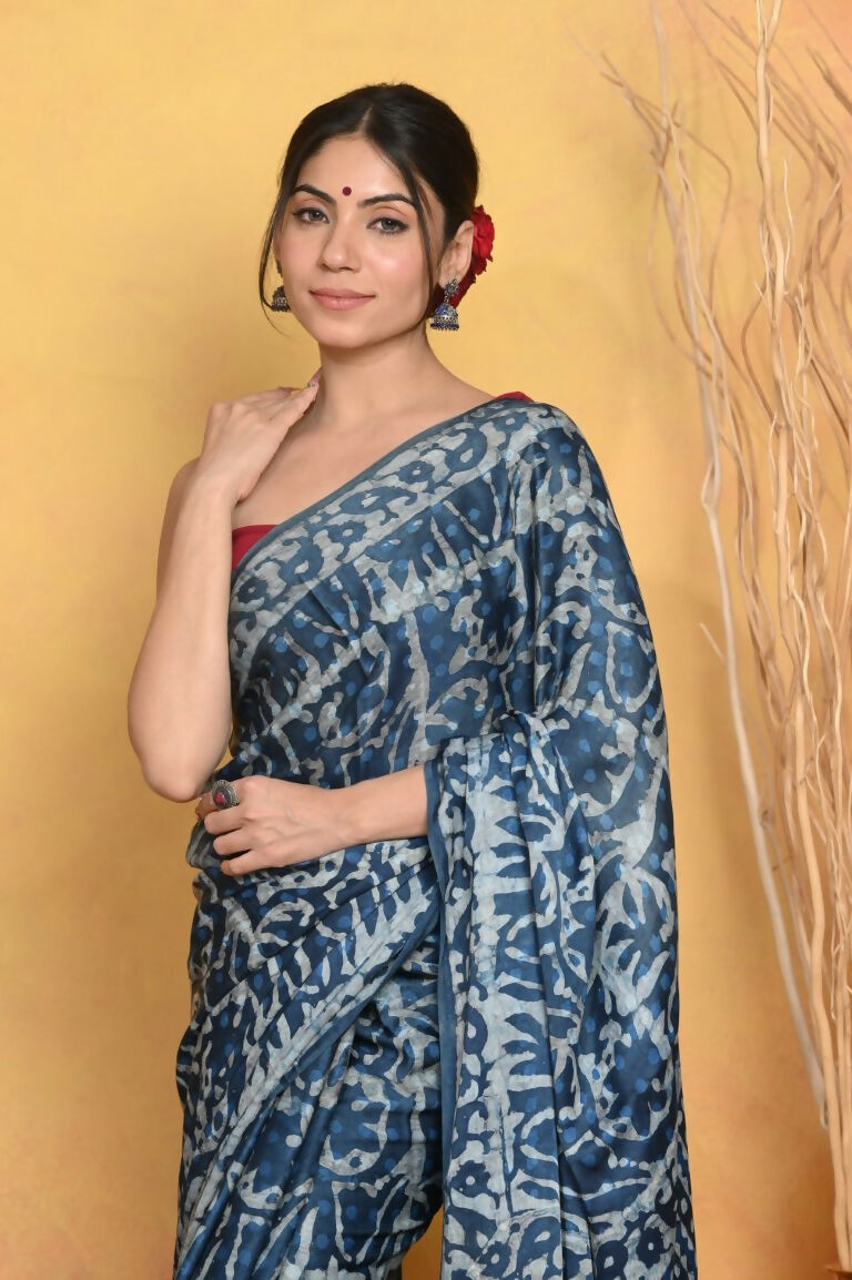 Very Much Indian Modal Silk Ajrakh Handblock Printed Natural Dyes Sleek Border Saree - Powder Blue | Grocsy